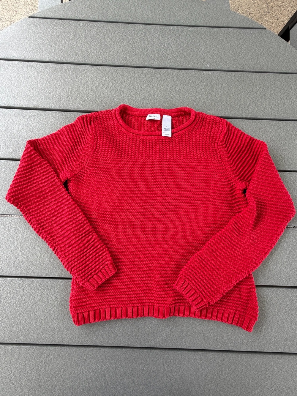 Vintage Liz & Co Petite L Red Cotton Knit Crewneck Sweater Y2K